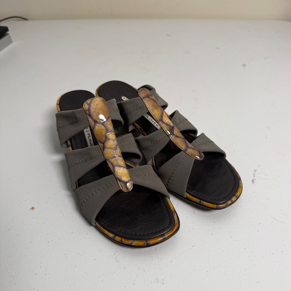 Donald J Pliner Sandal Womens 6 Taupe Elastic‎ Faux Alligator Kitten Heel Slide